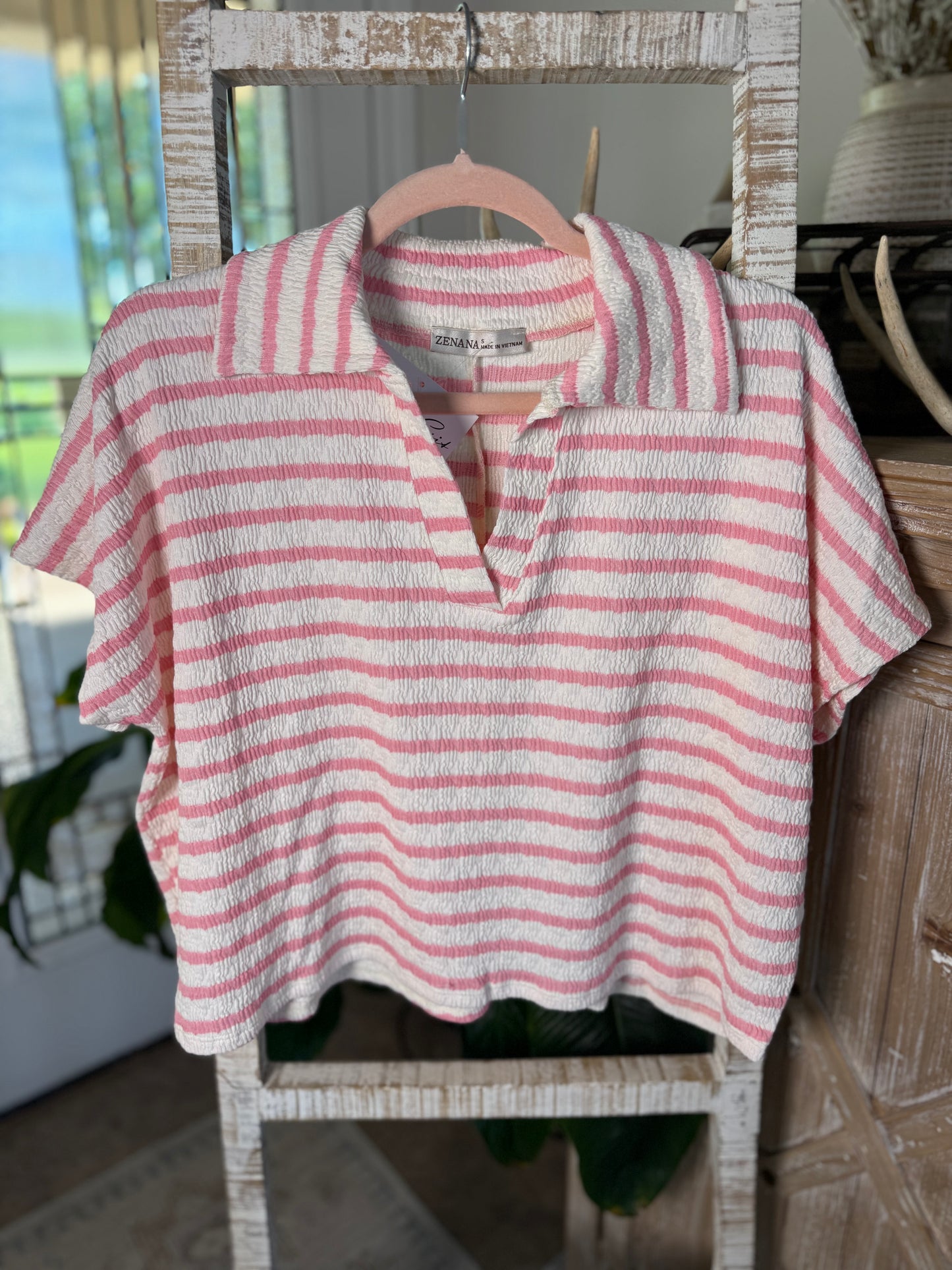 Pink Striped Split Collar Shirt