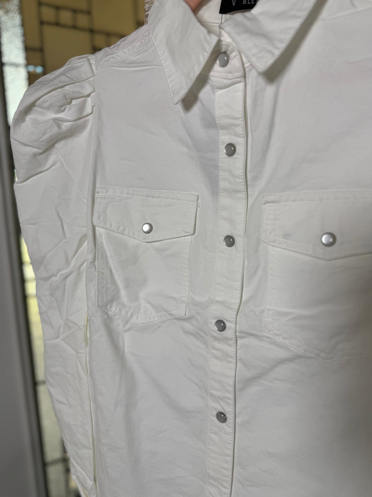 Ivory Stretch Denim Puff Sleeve Button Down Shirt with Front Pocket