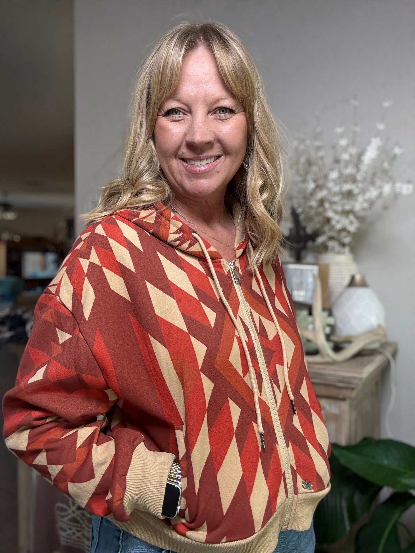 Rust Aztec Printed Zip Up Crop Hoodie