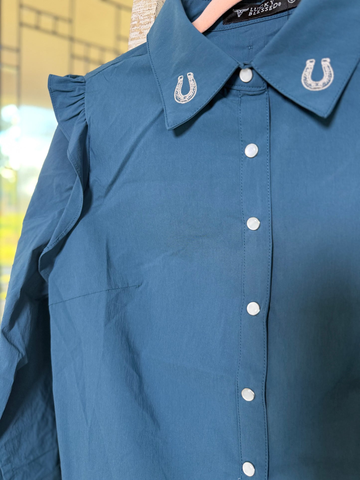 Teal Shoulder Ruffle Long Sleeve Shirt Embroidery Detail Collar