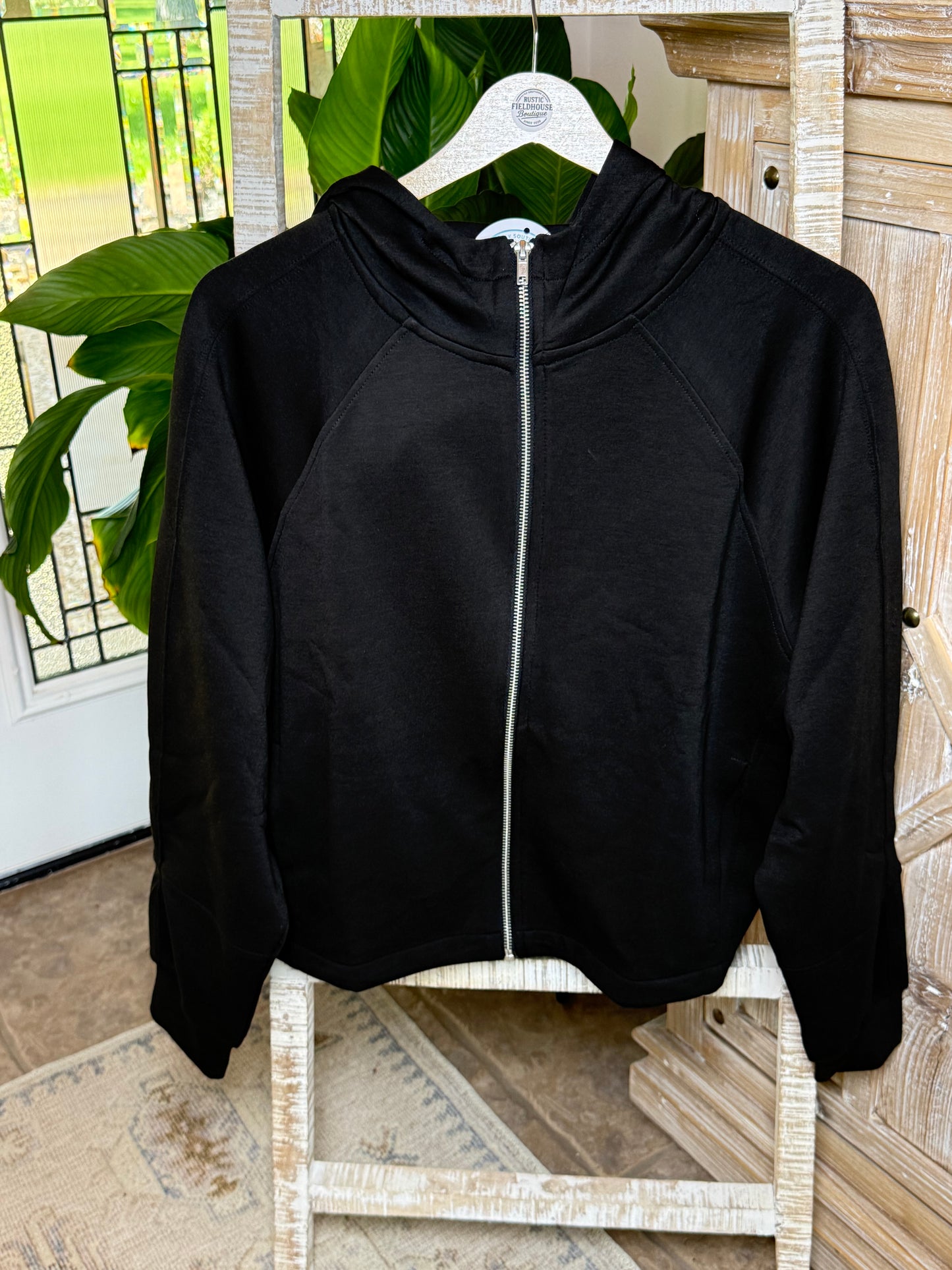 Black “Mom Crop” Full Zip Scuba Jacket with Hood