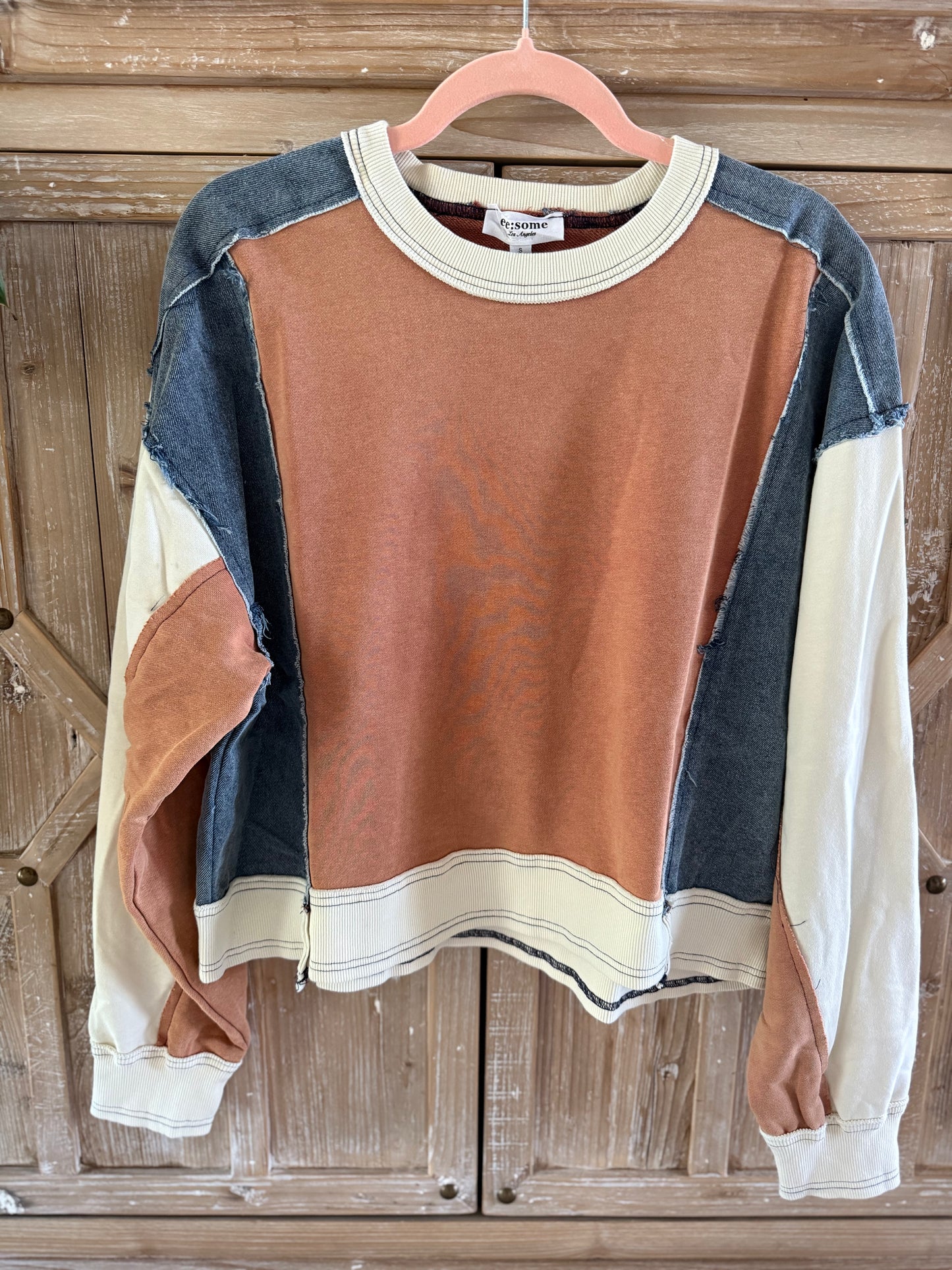 Frayed Color Block Long Sleeve Pullover