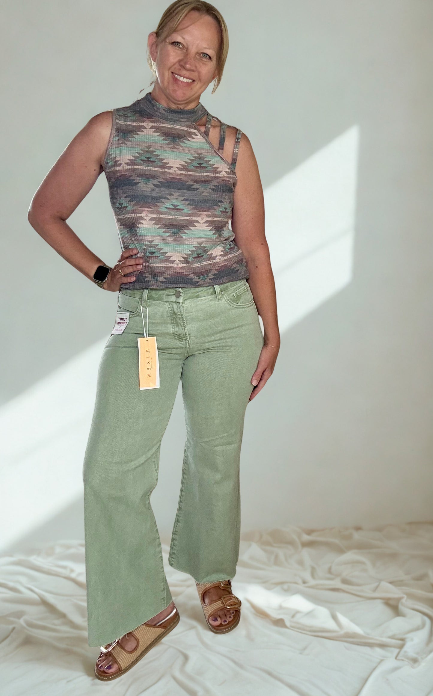 Risen Olive Mid Rise Tummy Control Wide Leg Pants