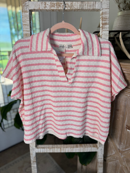 Pink Striped Split Collar Shirt