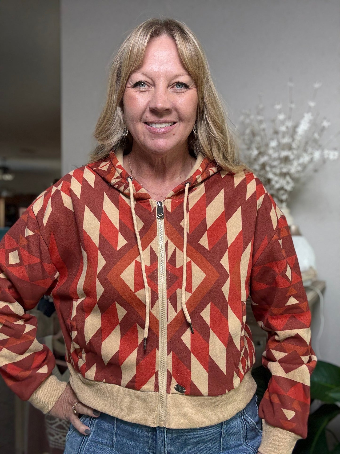 Rust Aztec Printed Zip Up Crop Hoodie