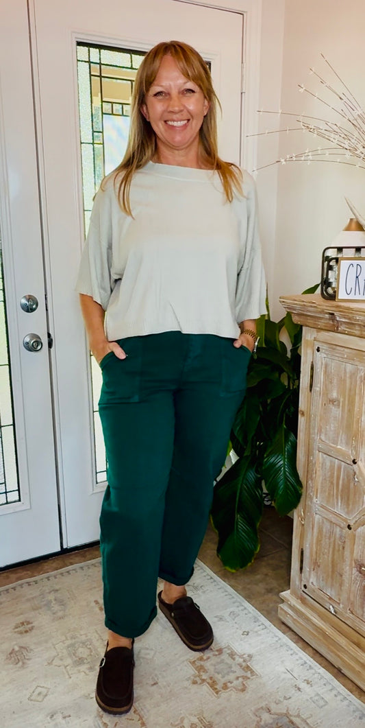 High Rise Ankle Cuff Barrel Jeans-Green
