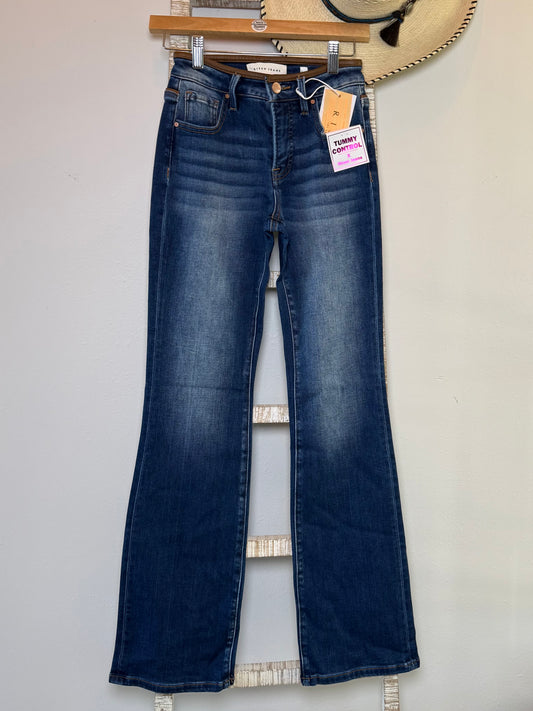 Risen Mid-Rise Boot Cut Jean with Leather Detail