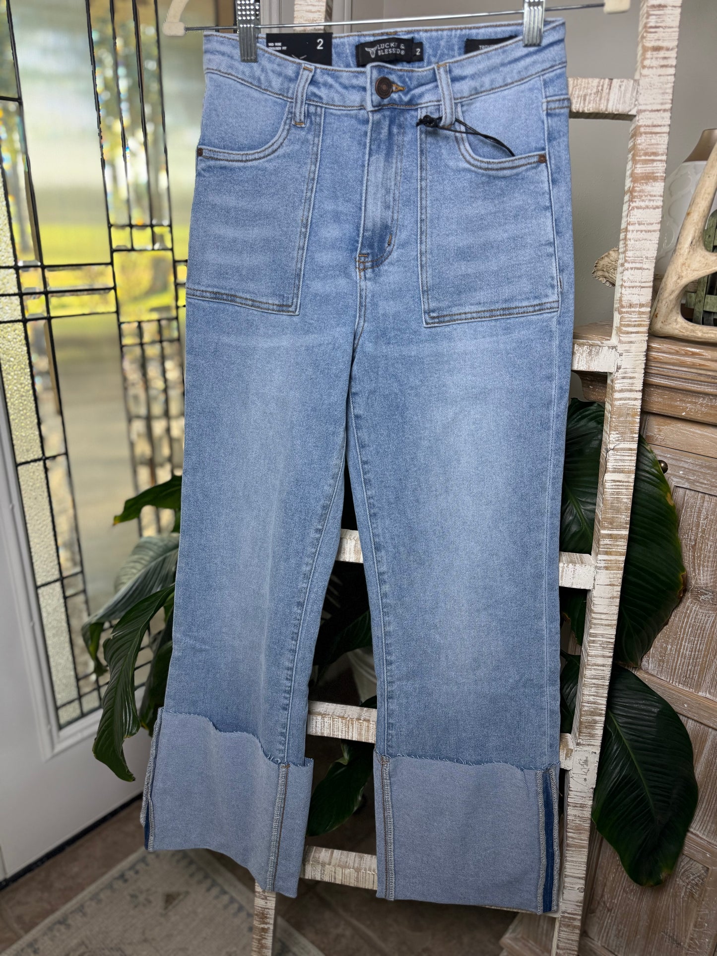 Light Wash High Rise Square Pocket Wide Cuff Wise Leg Jean
