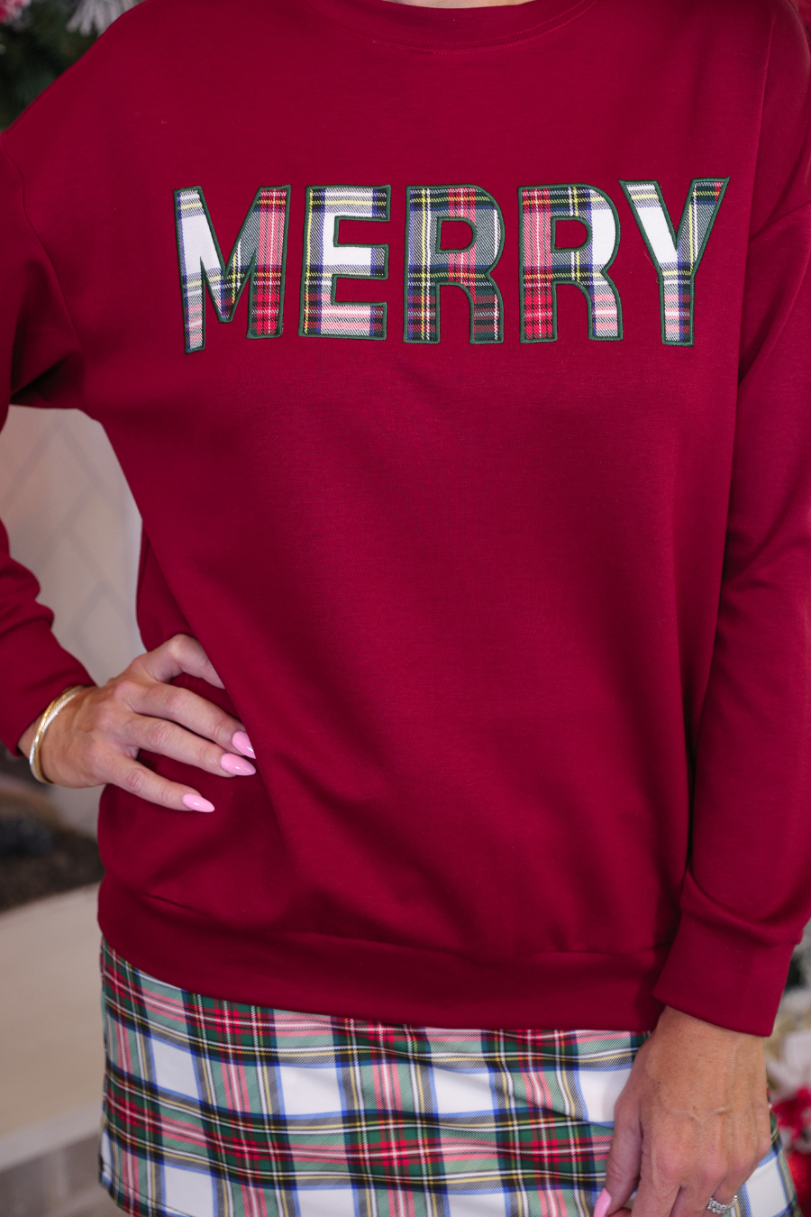 Merry Plaid Patch Luxe Pullover Pre Order