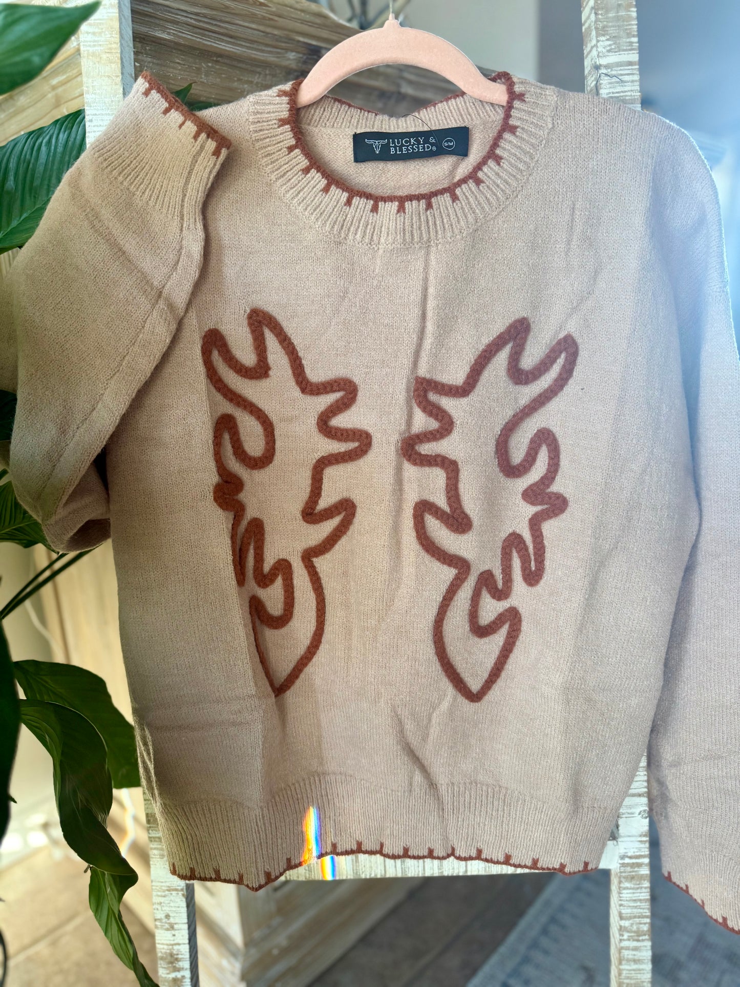 Beige Knit Sweater Camel Bootstitched Contrast Stitching