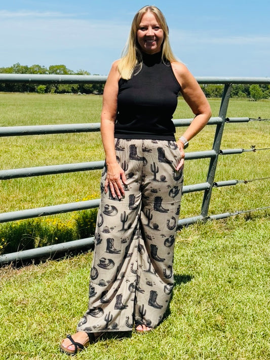 Khaki Vintage Printed Wide Leg Pants