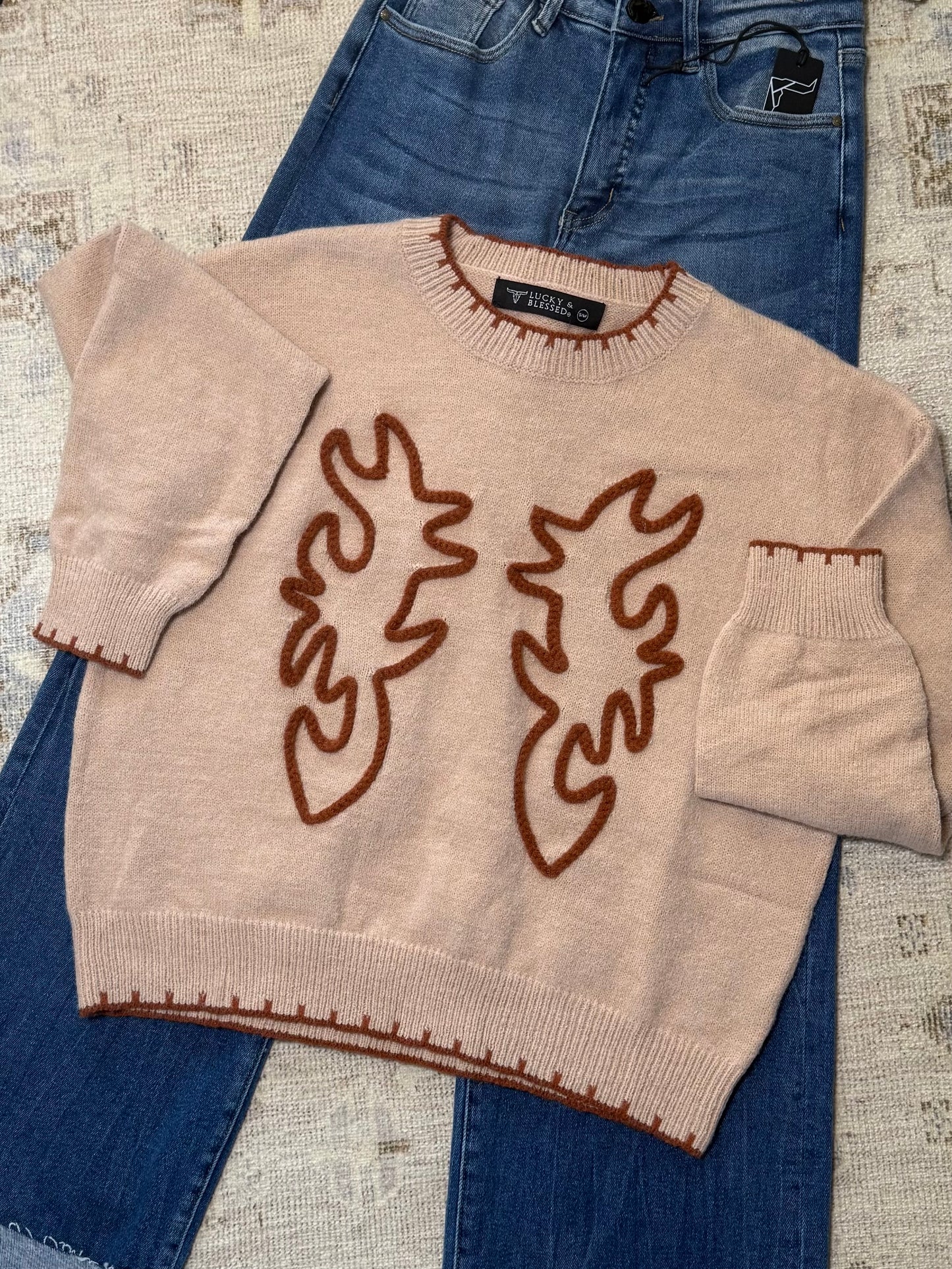 Beige Knit Sweater Camel Bootstitched Contrast Stitching