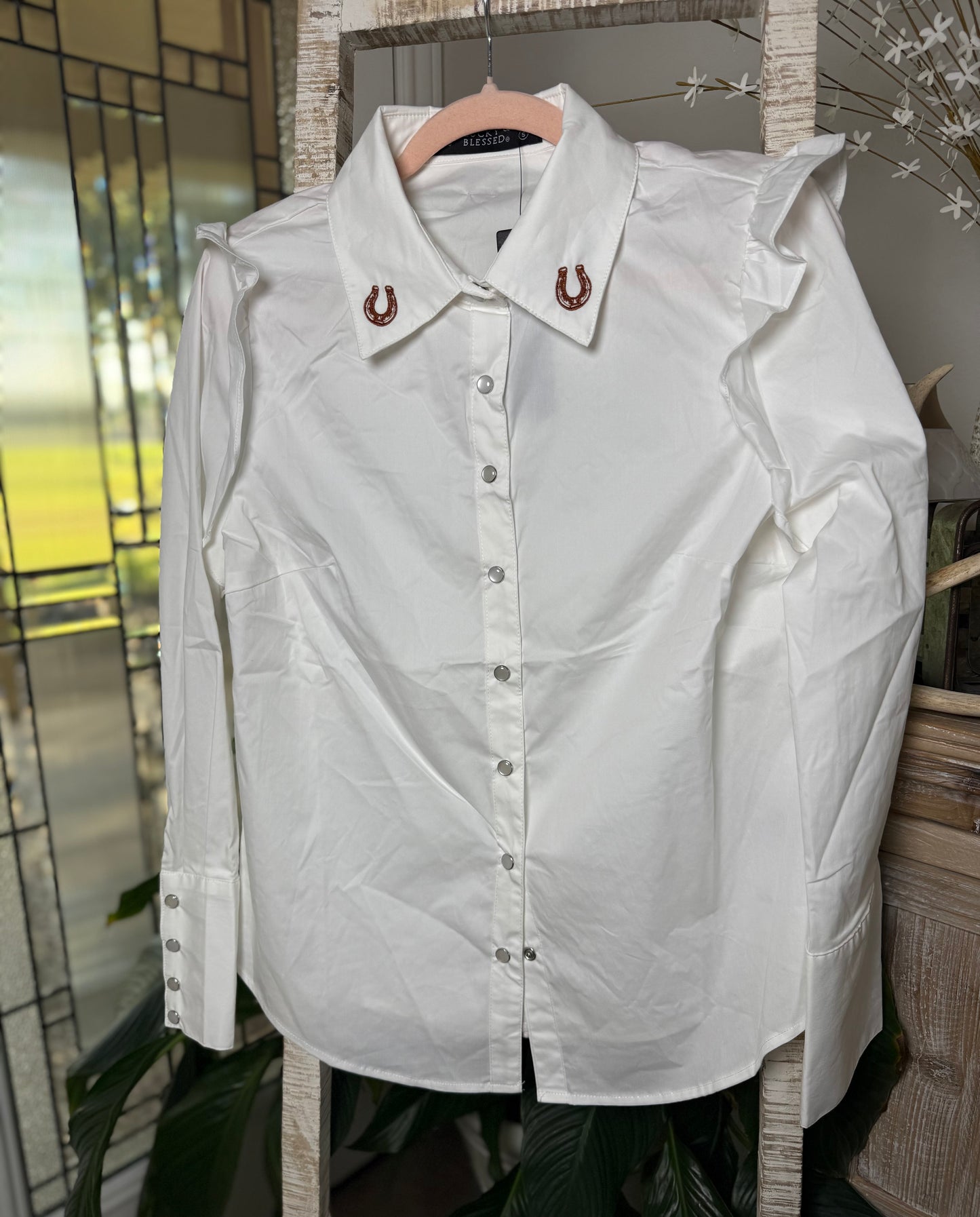 Ivory Shoulder Ruffle Long Sleeve Shirt with Embroidery Detail Collar