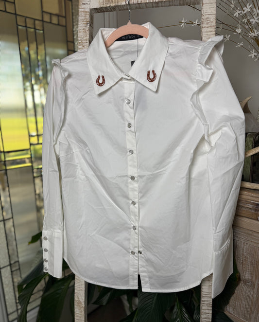 Ivory Shoulder Ruffle Long Sleeve Shirt with Embroidery Detail Collar