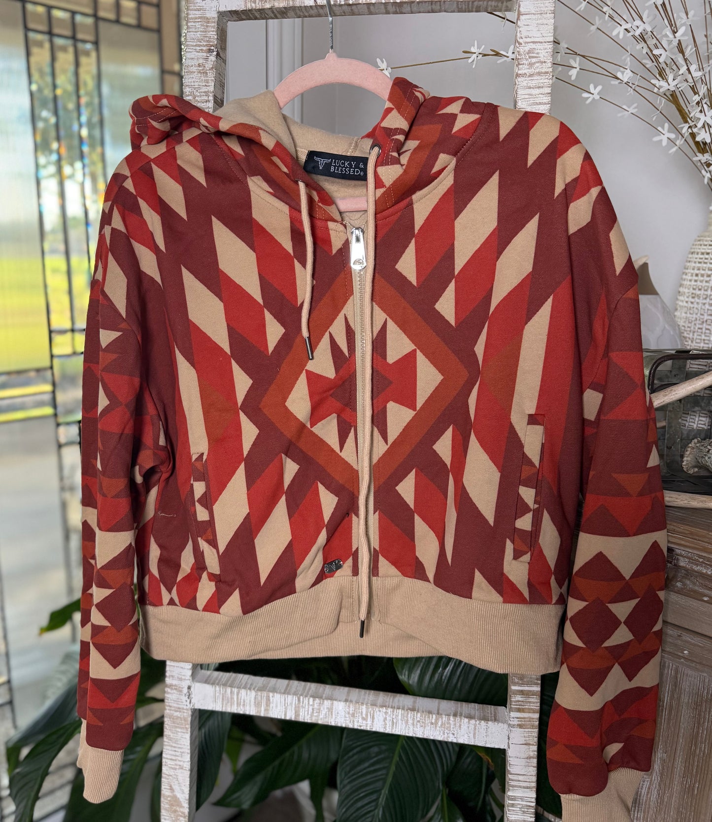 Rust Aztec Printed Zip Up Crop Hoodie