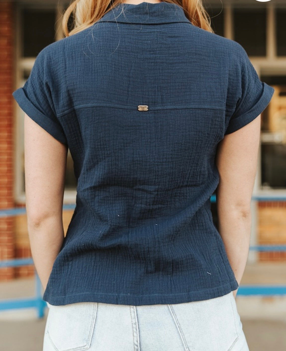 Blue Textured Cotton Button Down Short Sleeve