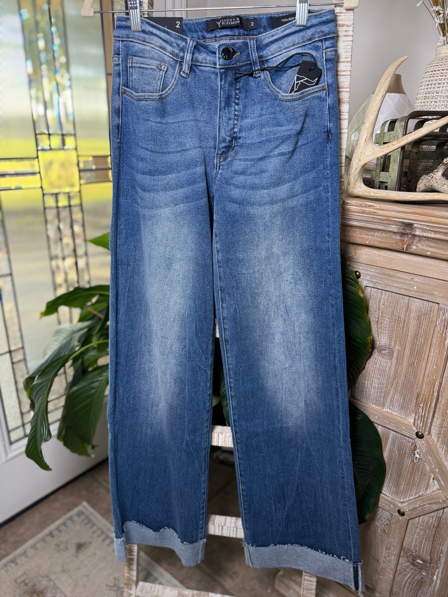 Mid Wash Stretch Denim High Rise Trouser with Folded Cuff