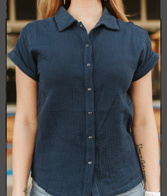 Blue Textured Cotton Button Down Short Sleeve