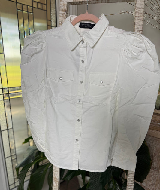 Ivory Stretch Denim Puff Sleeve Button Down Shirt with Front Pocket