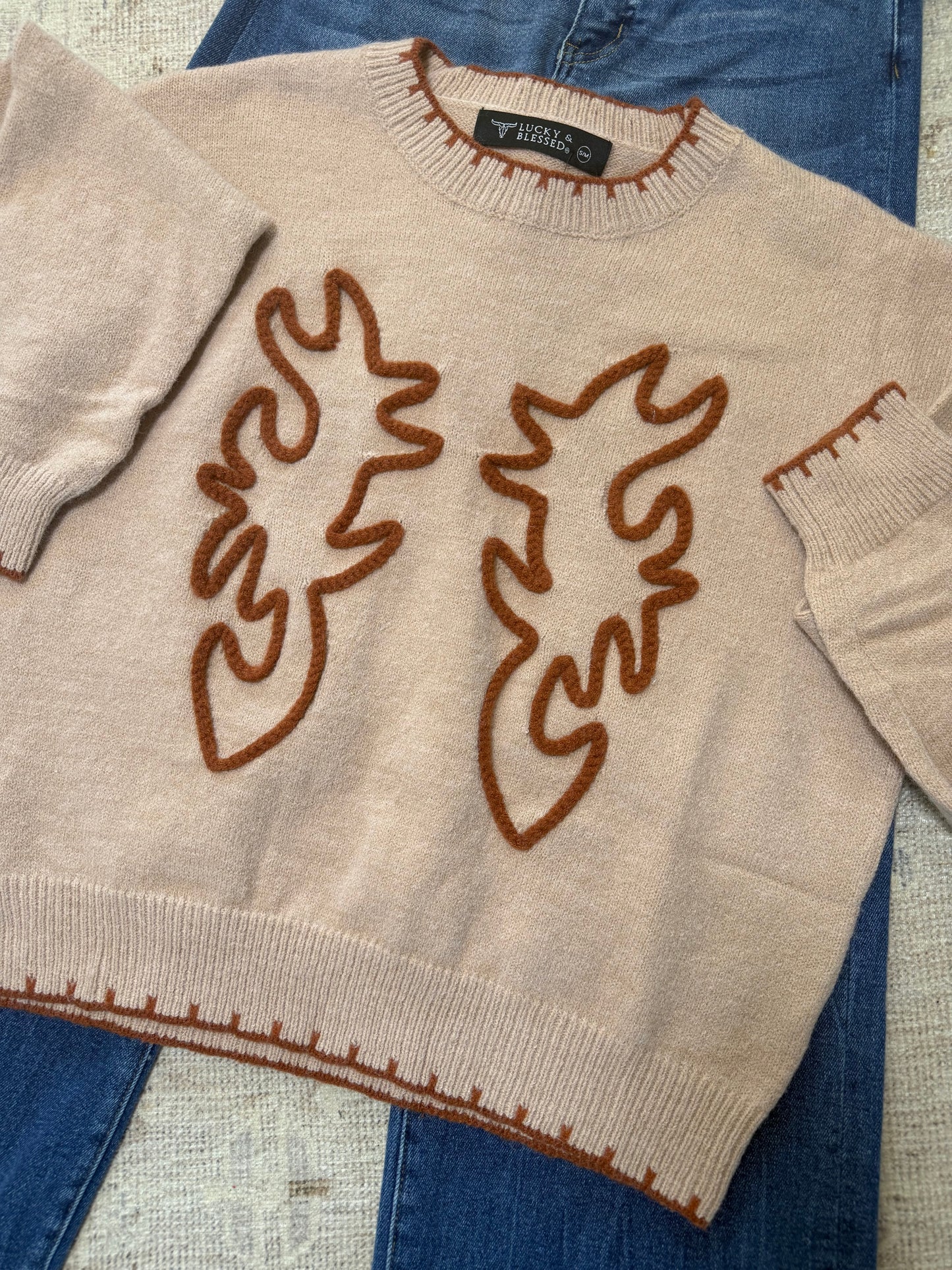 Beige Knit Sweater Camel Bootstitched Contrast Stitching