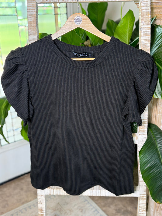 Black Puff Sleeve Ribbed Top