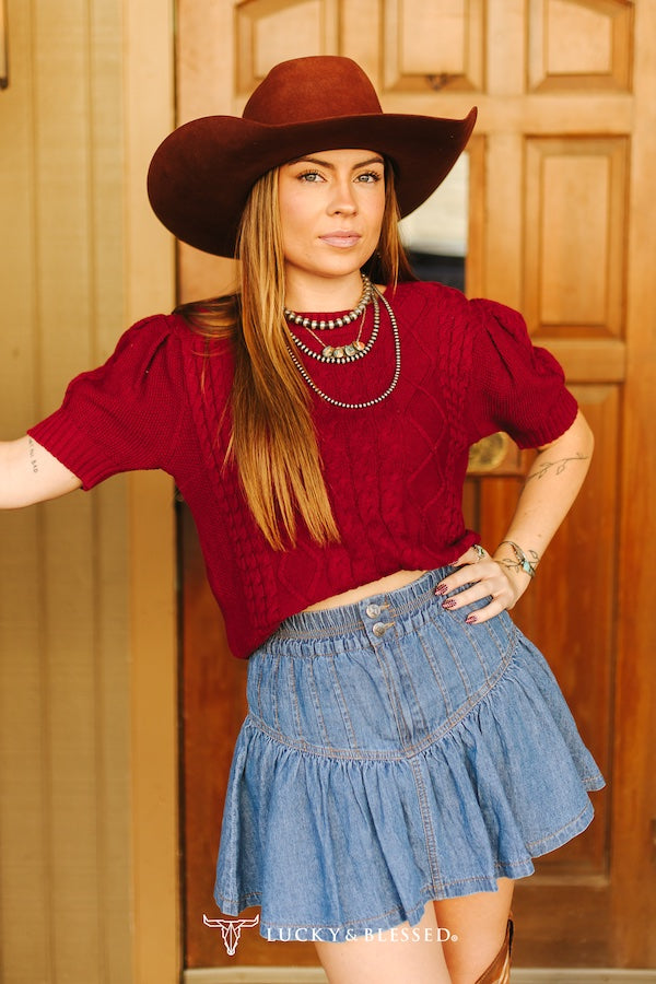 Burgundy Cable Knit Western Top
