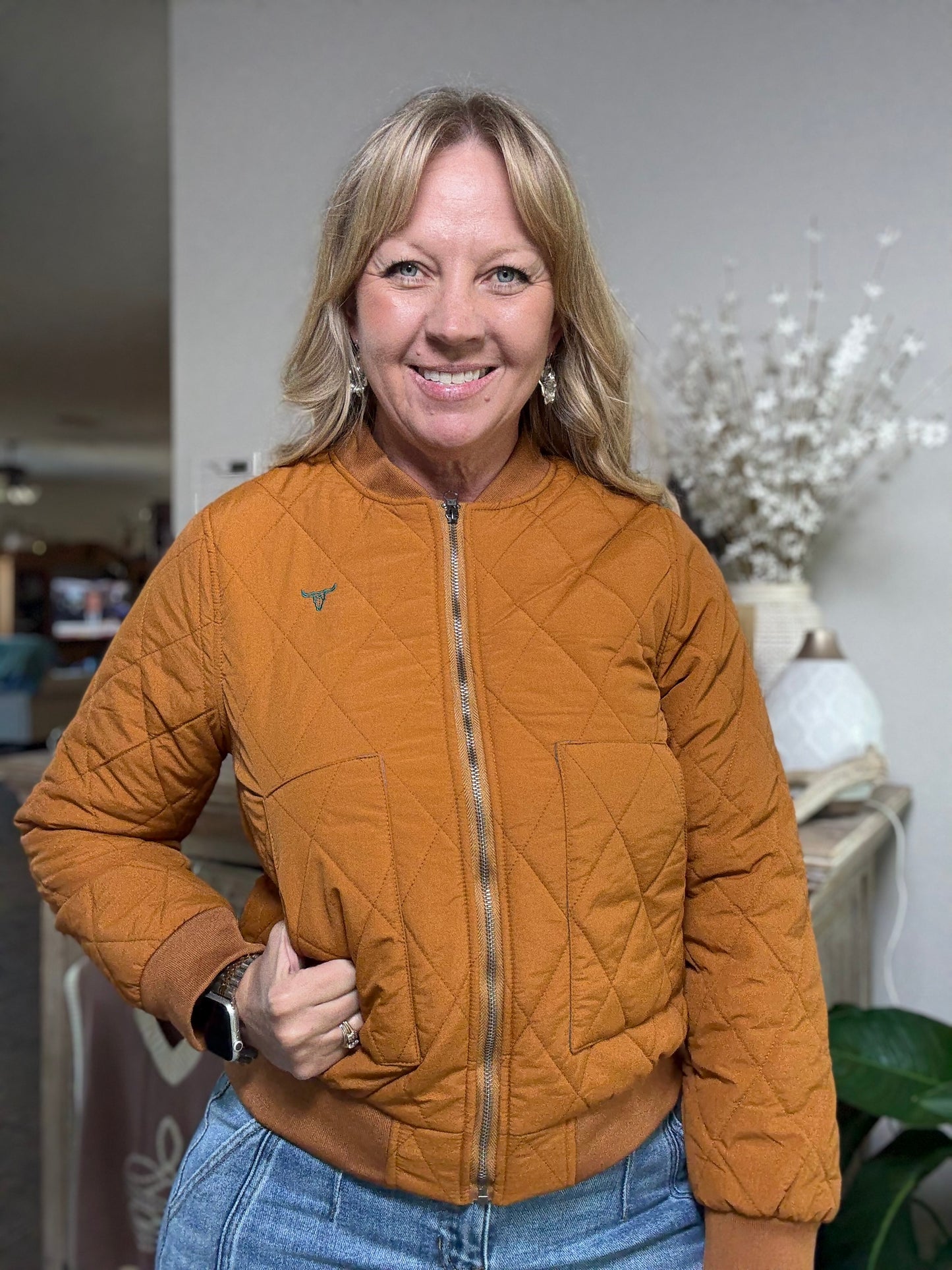 Camel Quilted Bomber Jacket with Teal Lining