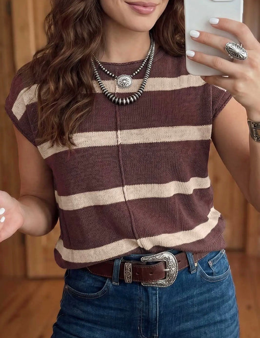 Brown Stripe Western Knit Short Sleeve Sweater