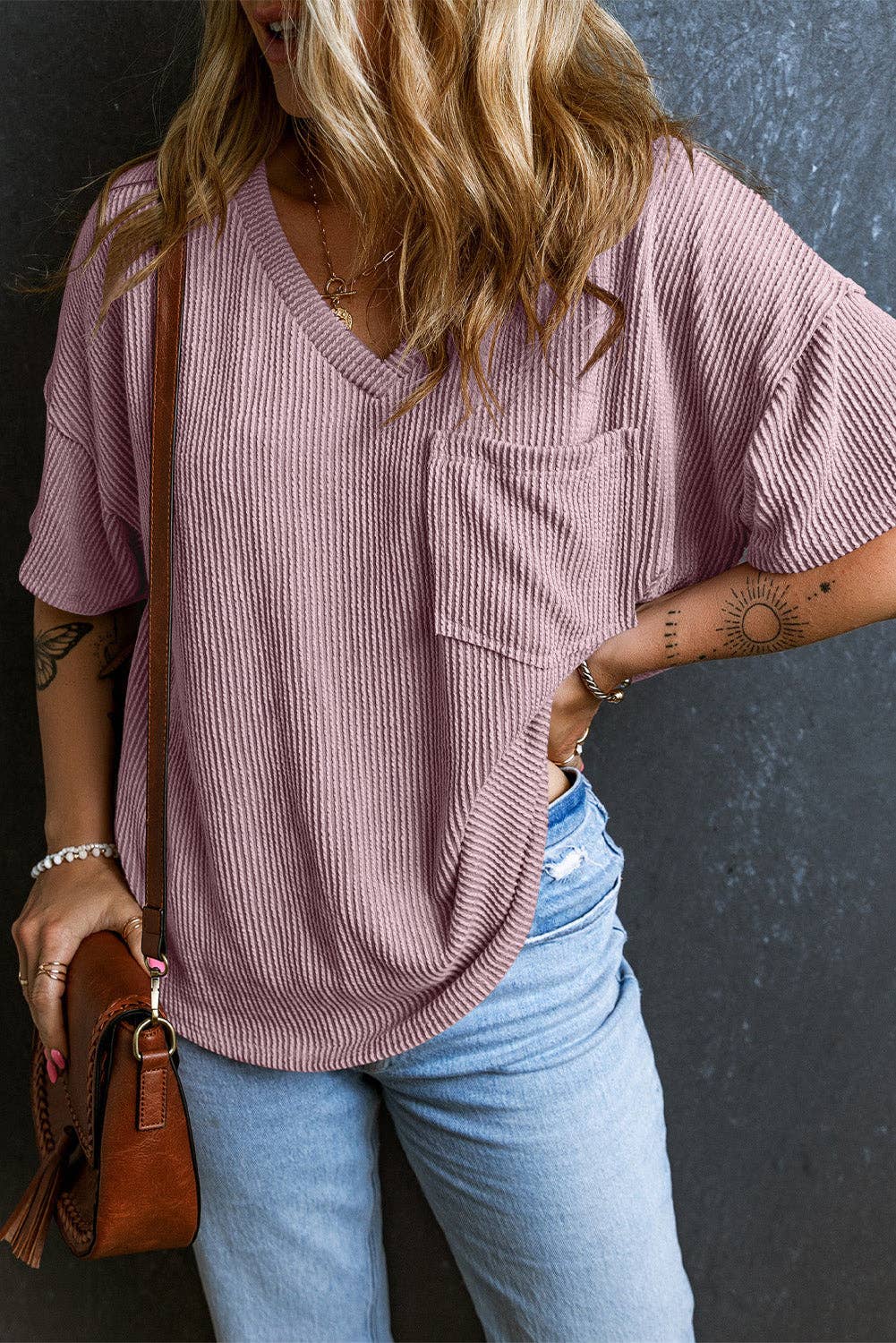 Corded V Neck Loose Fit Tee