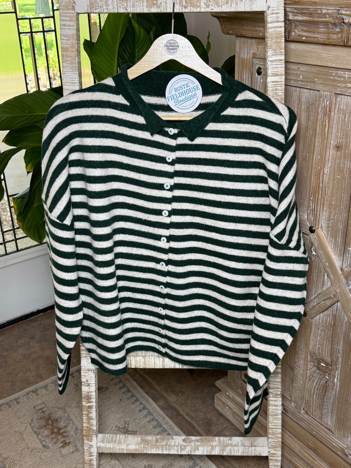 Hunter Green & White Stripe Sweater Cardigan