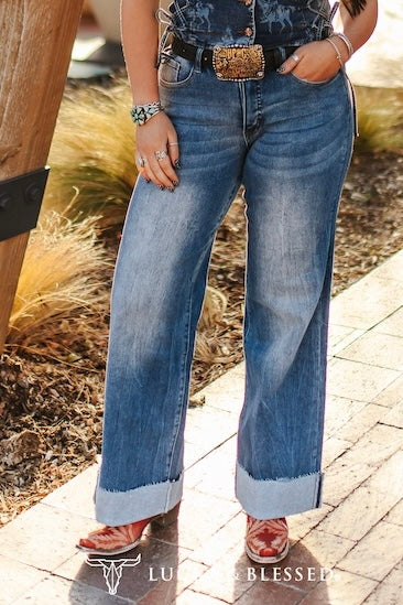 Mid Wash Stretch Denim High Rise Trouser with Folded Cuff