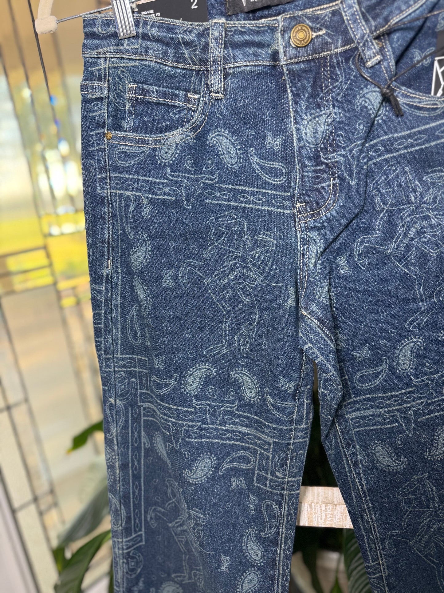 Dark Wash High Rise Western Bandana Printed Bootcut Jean