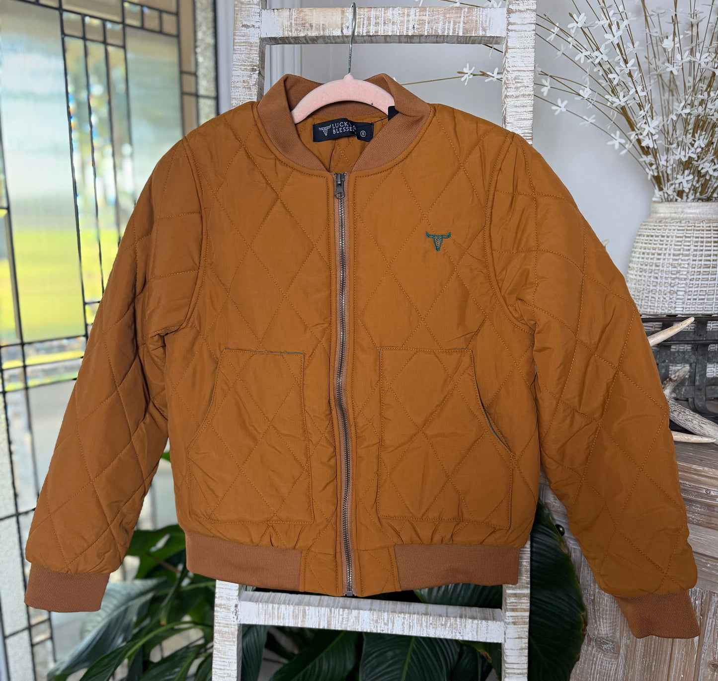 Camel Quilted Bomber Jacket with Teal Lining