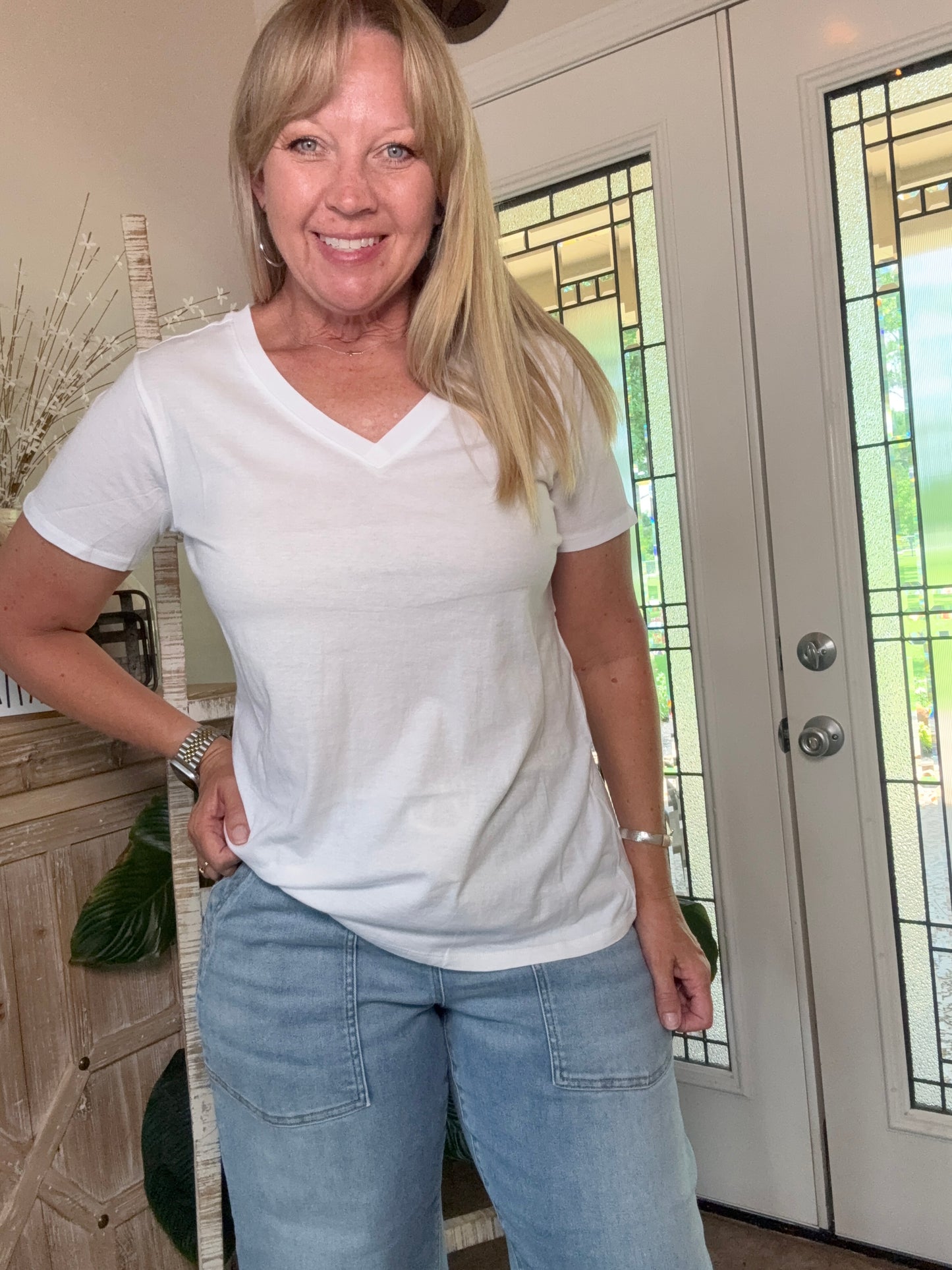 White Cotton Short Sleeve V-Neck