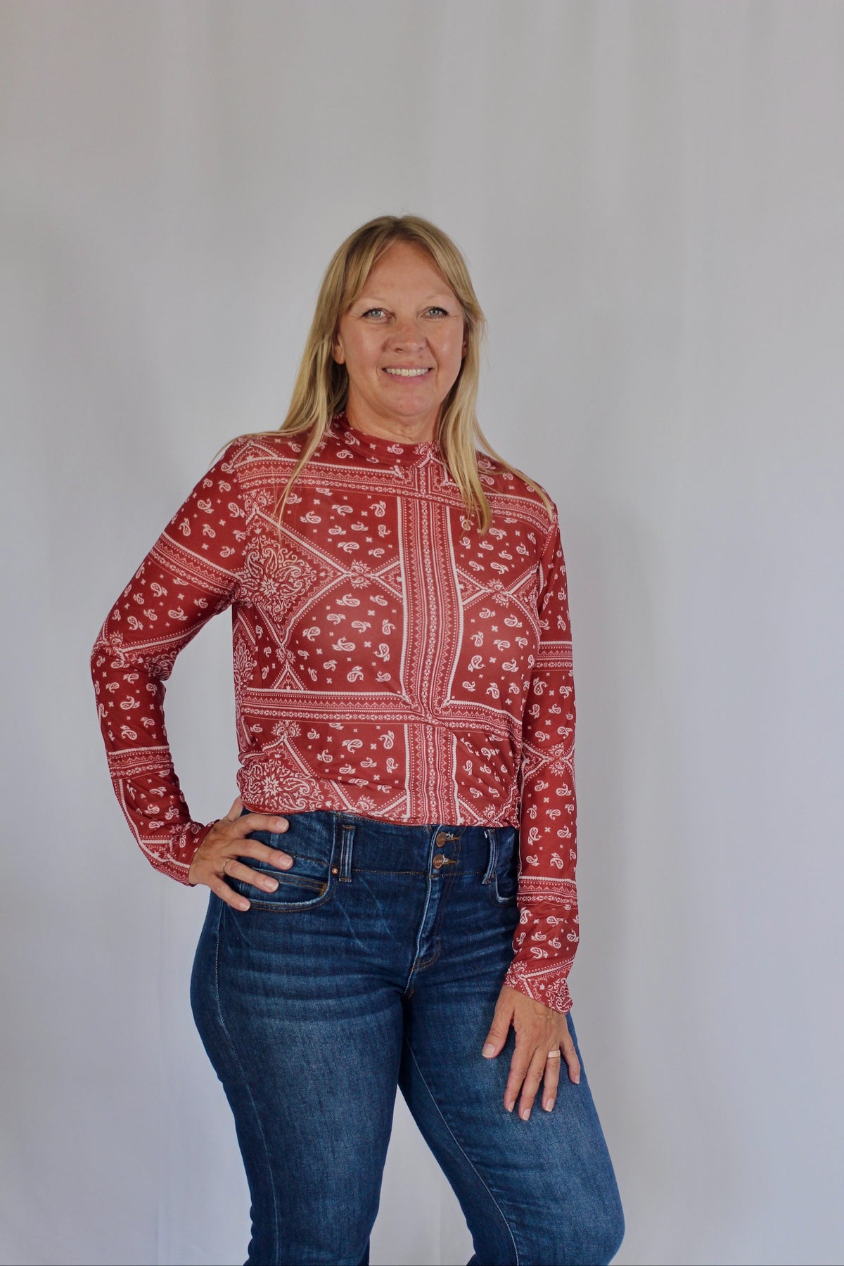 Red Bandana Print Mesh Top