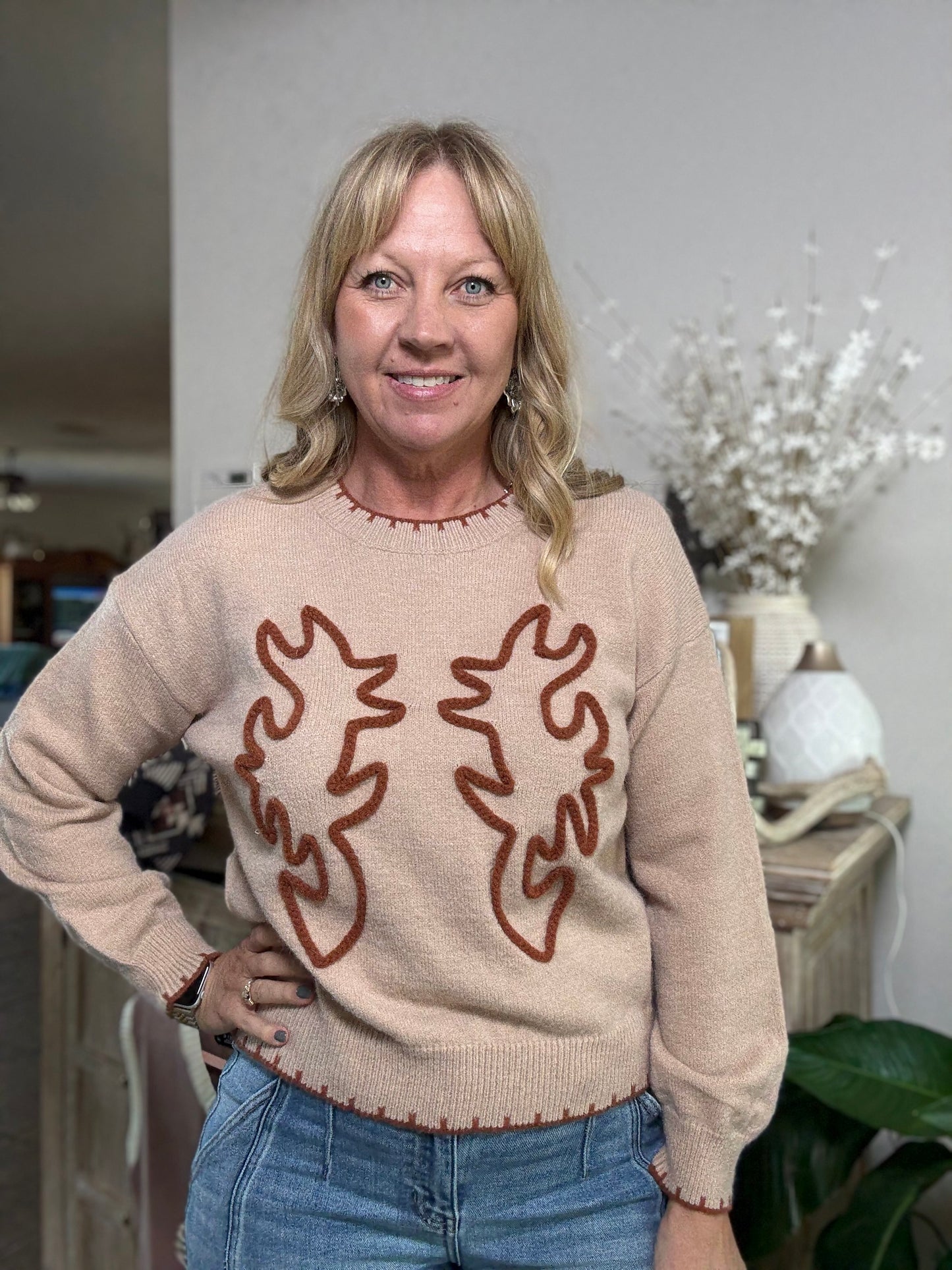 Beige Knit Sweater Camel Bootstitched Contrast Stitching