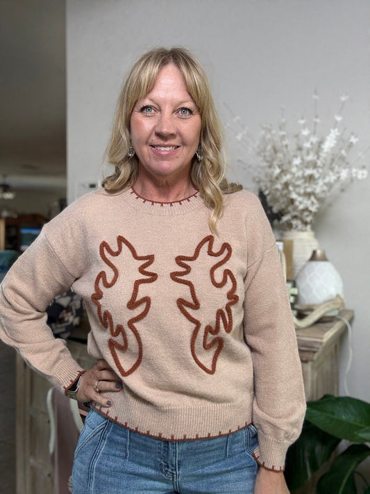 Beige Knit Sweater Camel Bootstitched Contrast Stitching