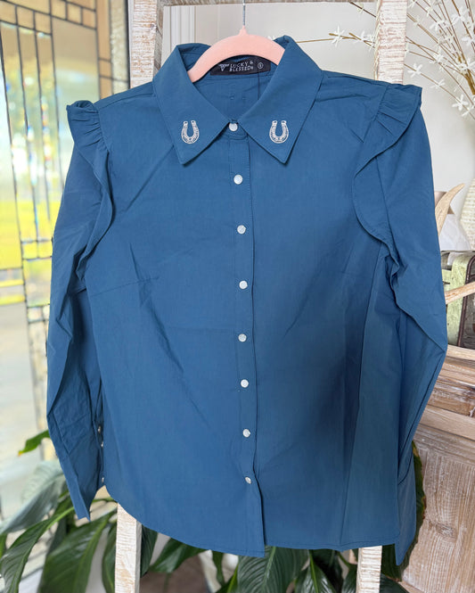 Teal Shoulder Ruffle Long Sleeve Shirt Embroidery Detail Collar