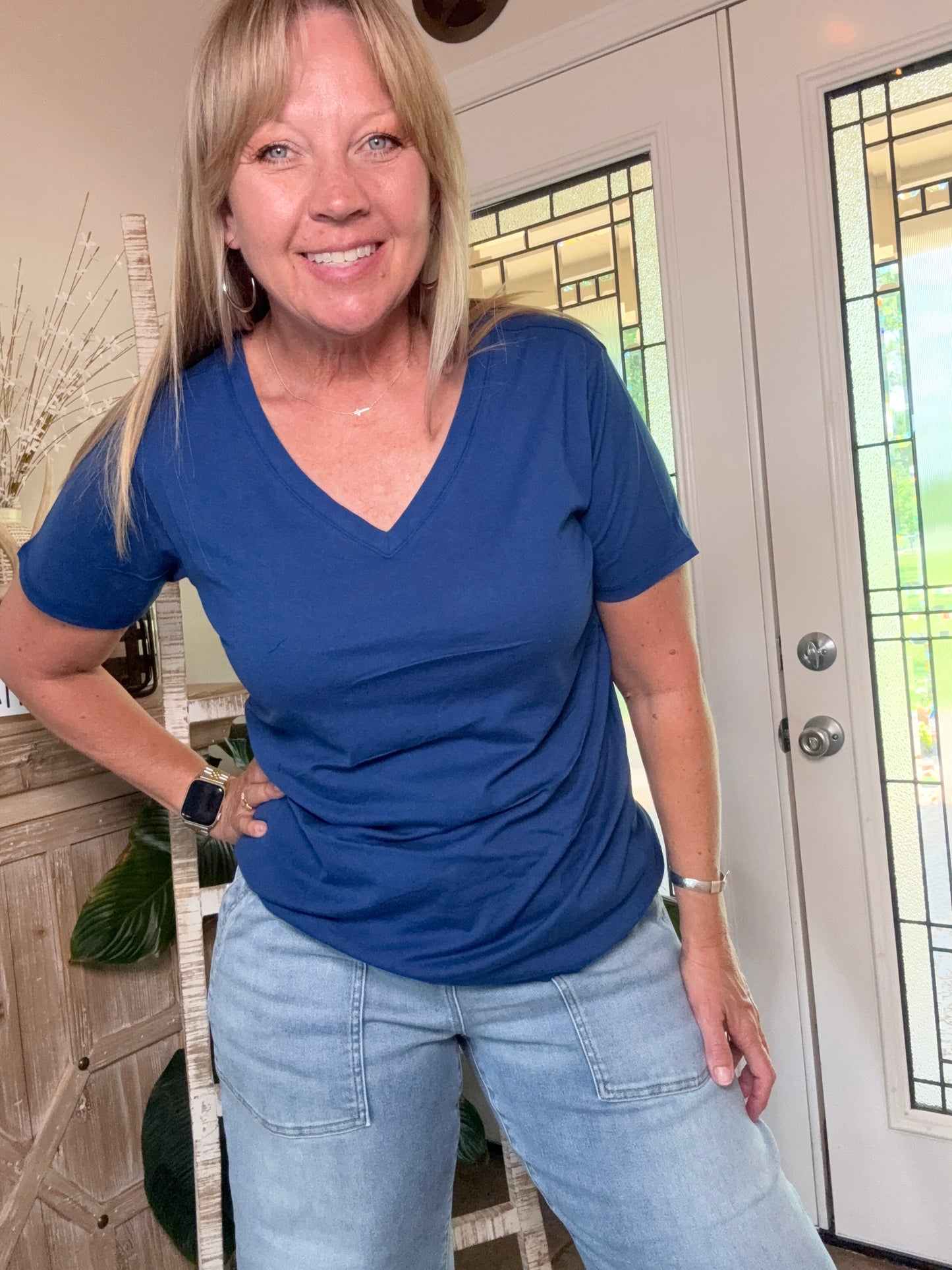 Blue Cotton Short Sleeve V-Neck