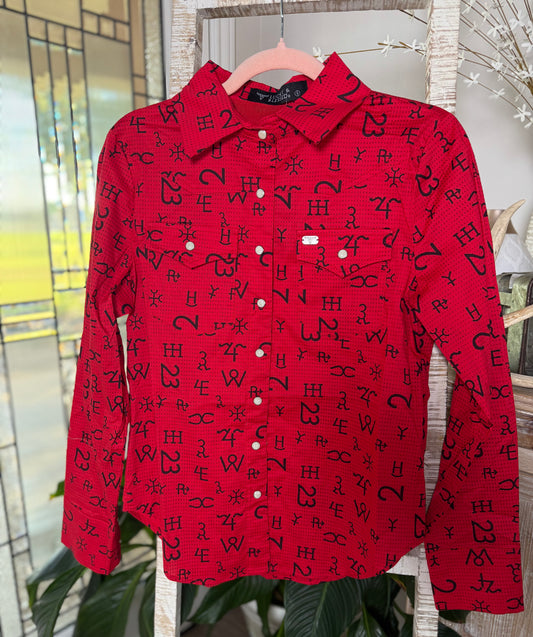 Red Cattle Brand Print Ven Tek Western Button Down Shirt