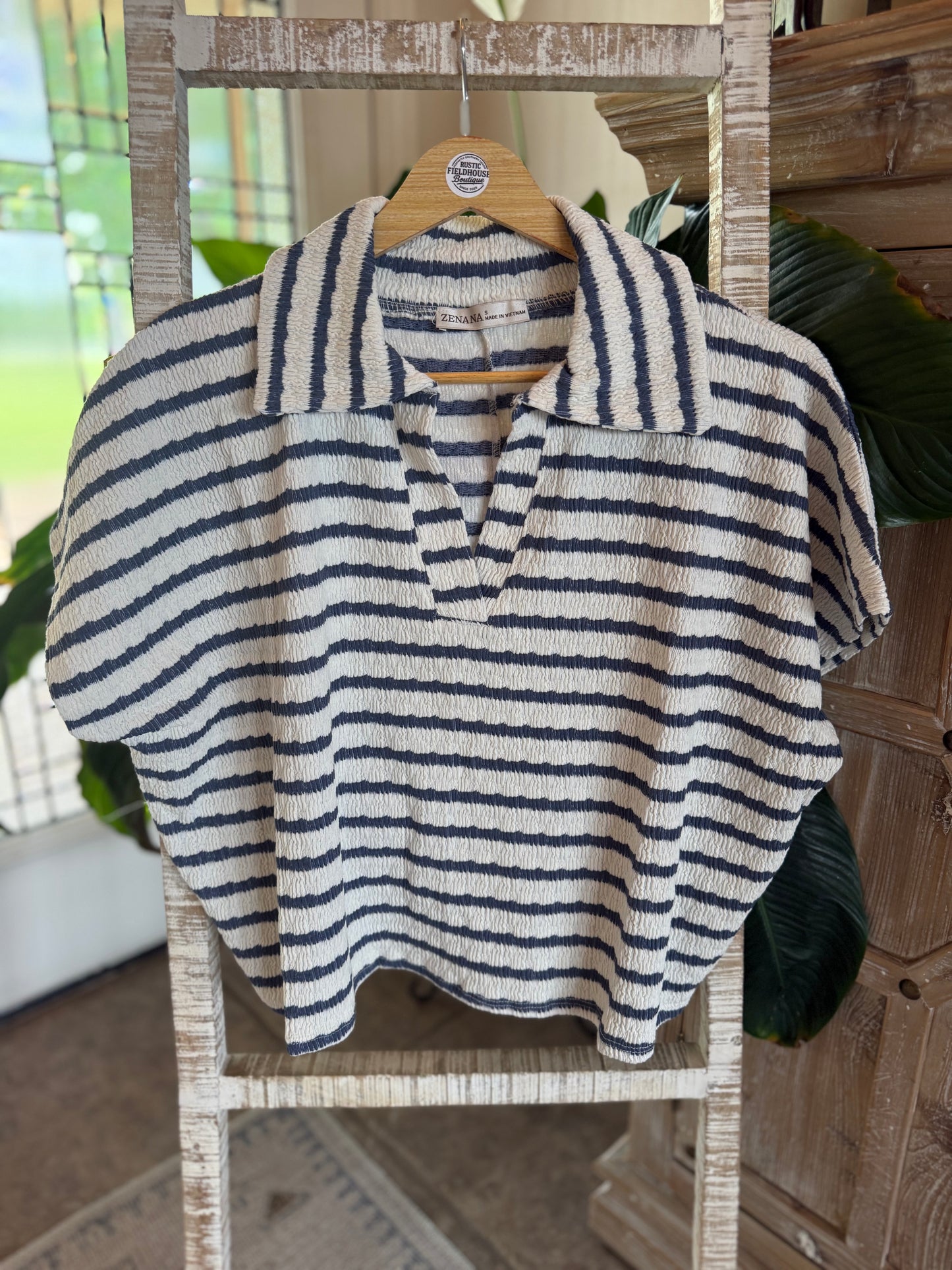 Denim Blue Striped Split Collar Shirt