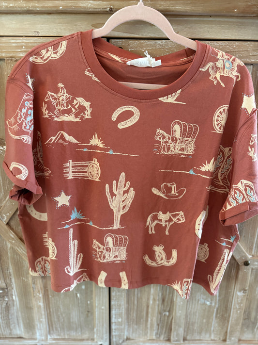 Rust Western Print Short Sleeve Tee