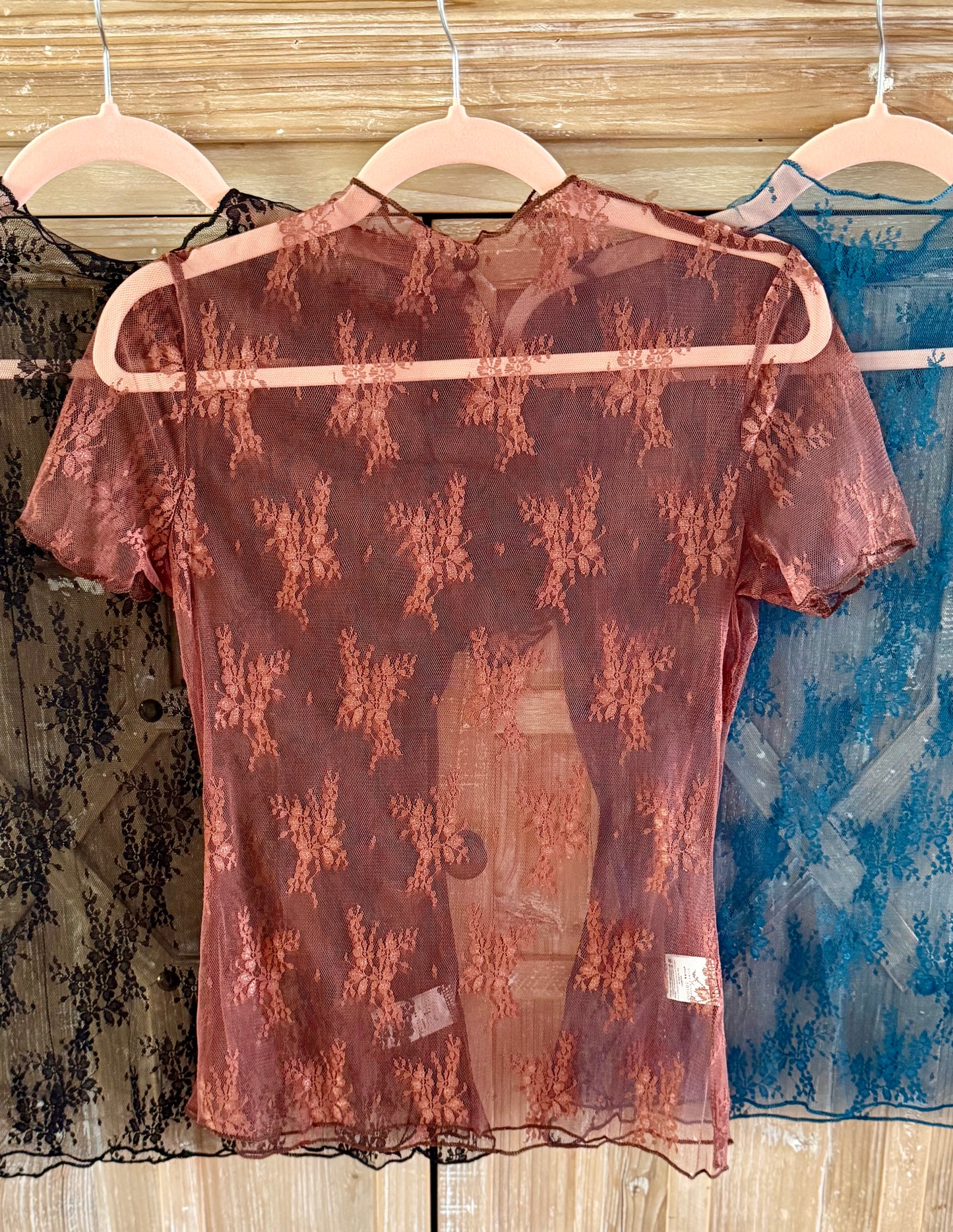 Brown Short Sleeve Floral Lace Top