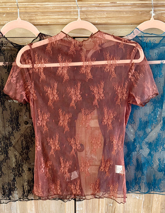 Brown Short Sleeve Floral Lace Top