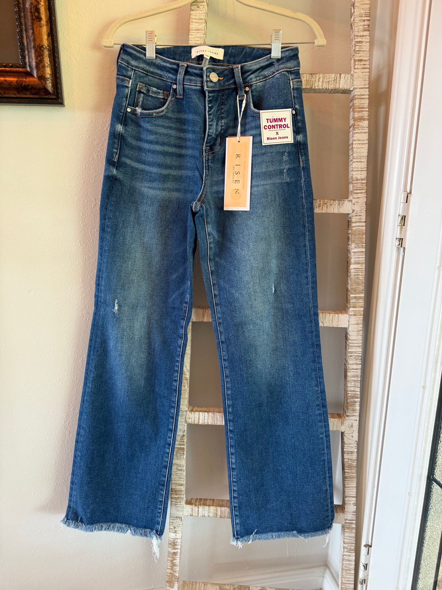 Risen Mid Rise Straight Leg Fray Hem Jean