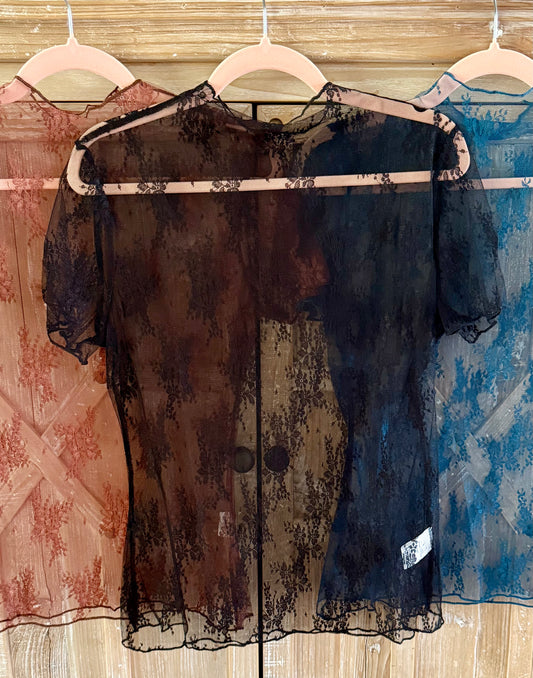 Black Short Sleeve Floral Lace Top