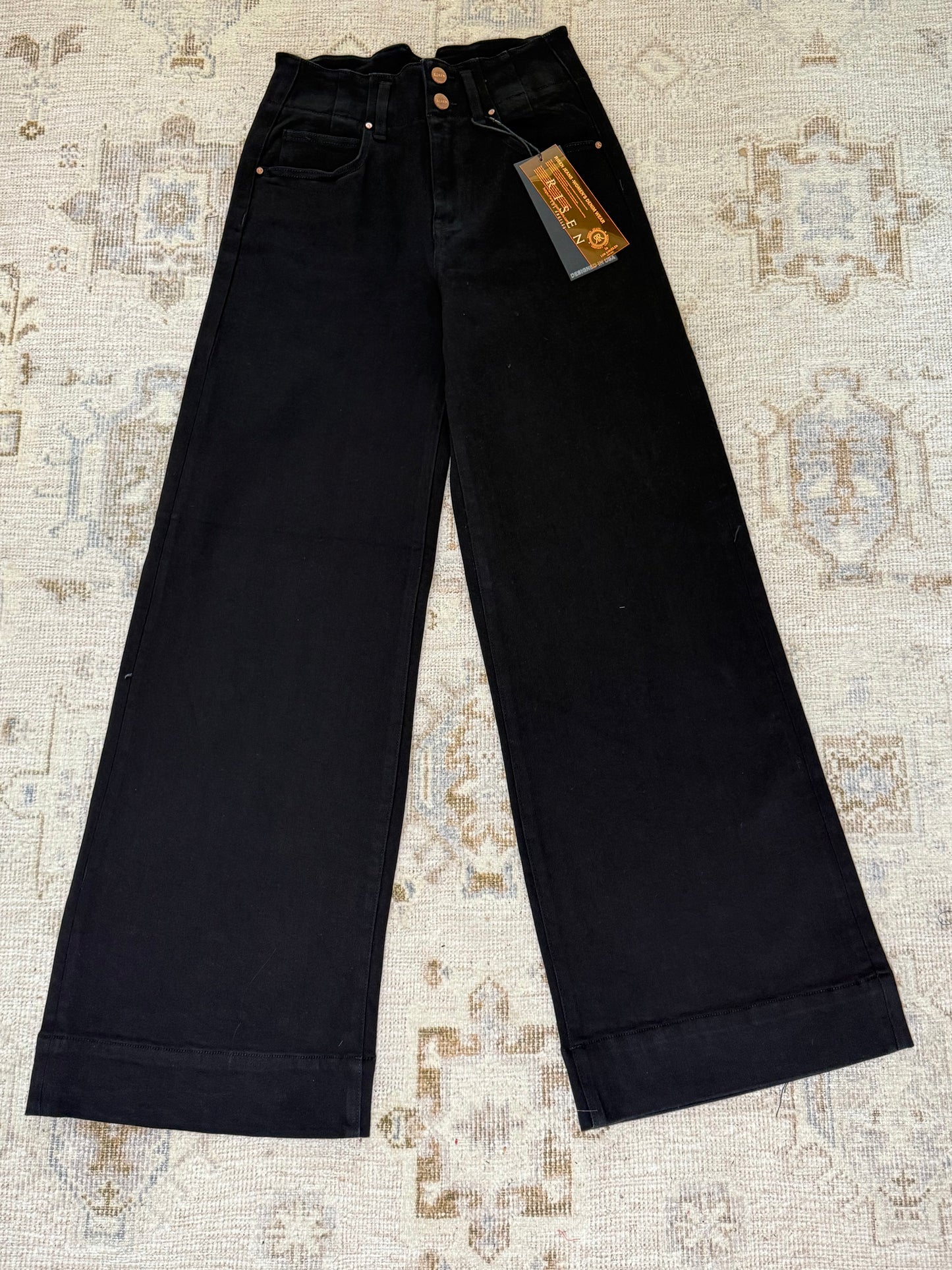 Black High Rise Ankle Wide Double Button Detail Pants