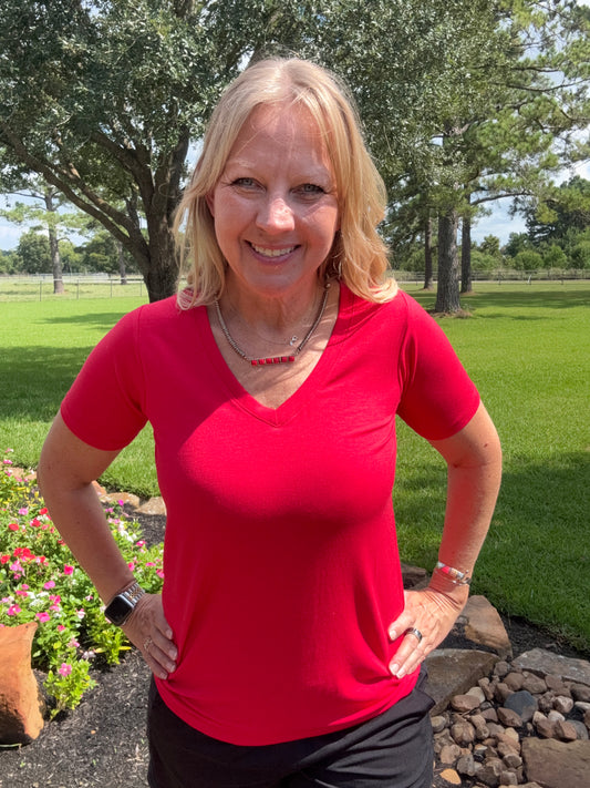 Red Short Sleeve V-Neck Tee