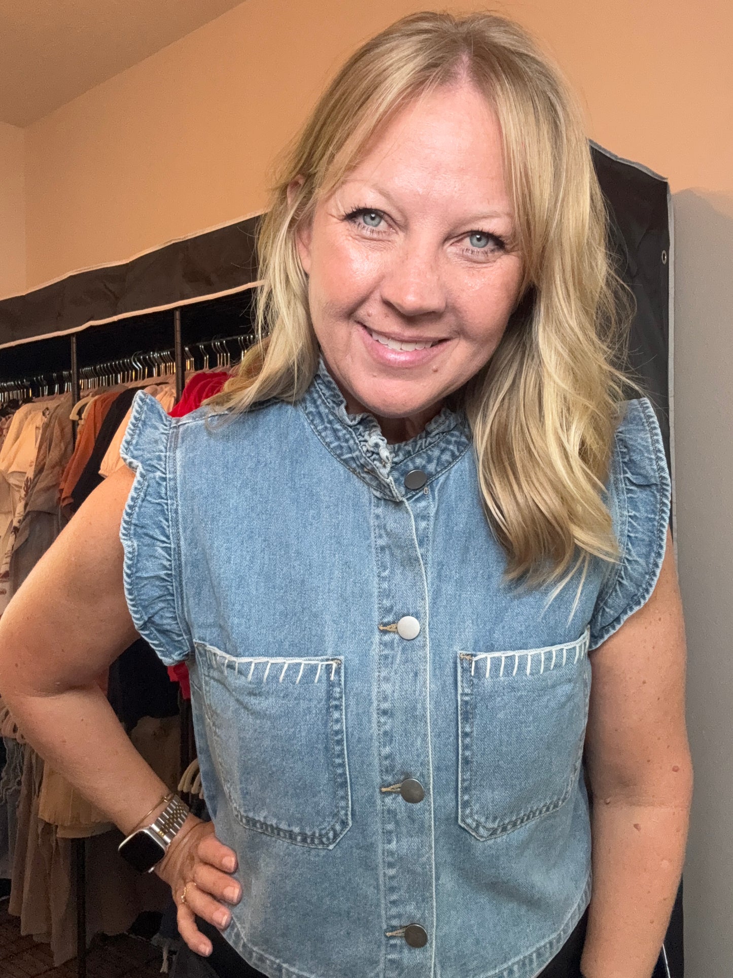 Denim Ruffle Stitch Vest Jacket