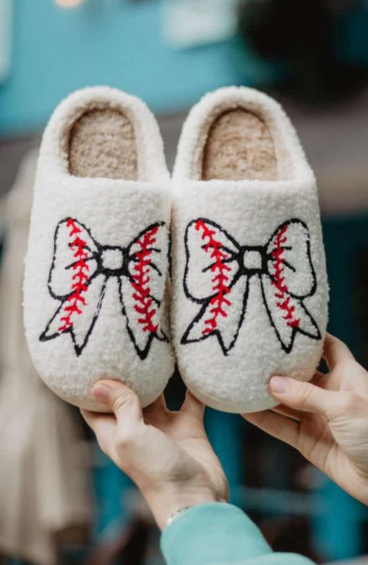 Baseball Bow Fuzzy Slippers